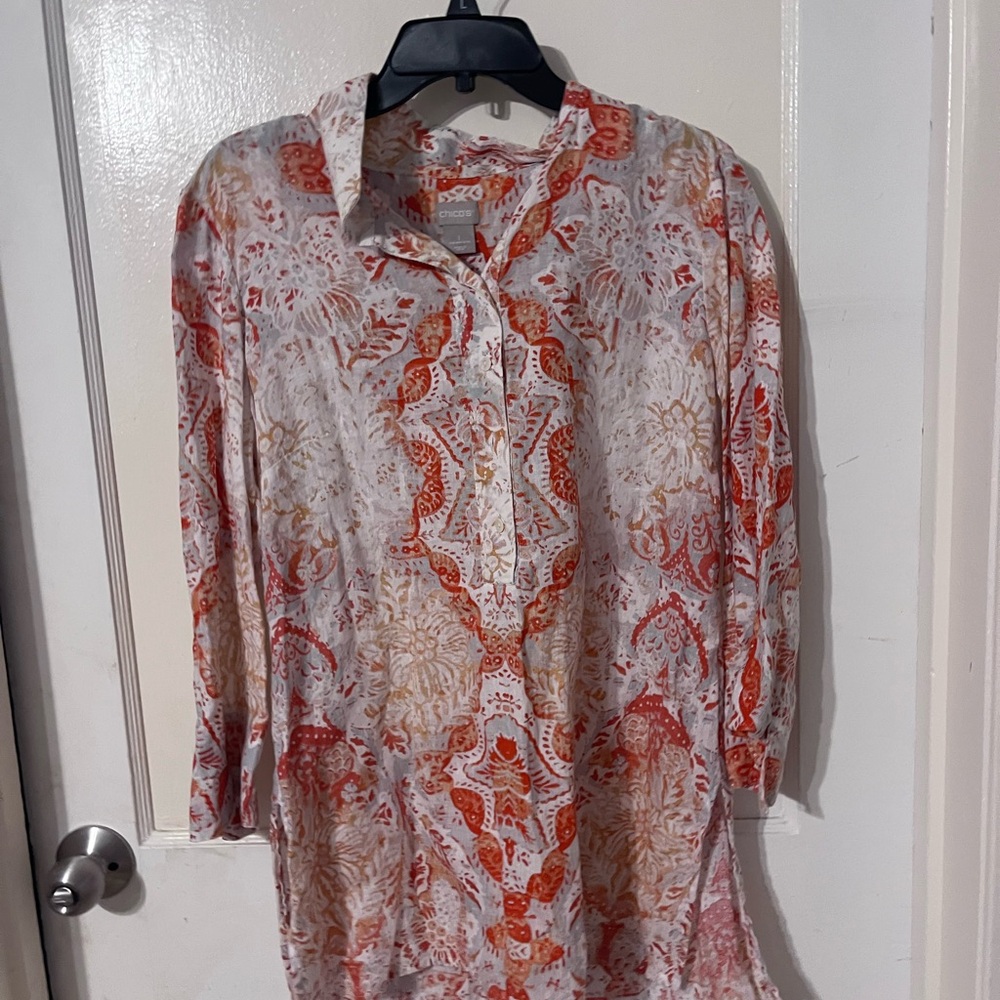 Chico's Orange and White Printed Button-Front Tunic